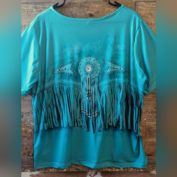 New Turquoise Green Faux Fringe Look Tee - Picture 10 of 15